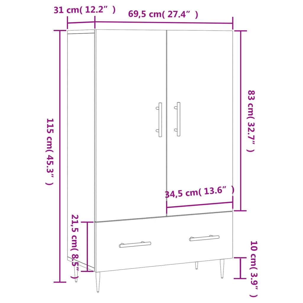 vidaXL skab 69,5x31x115 cm konstrueret træ betongrå