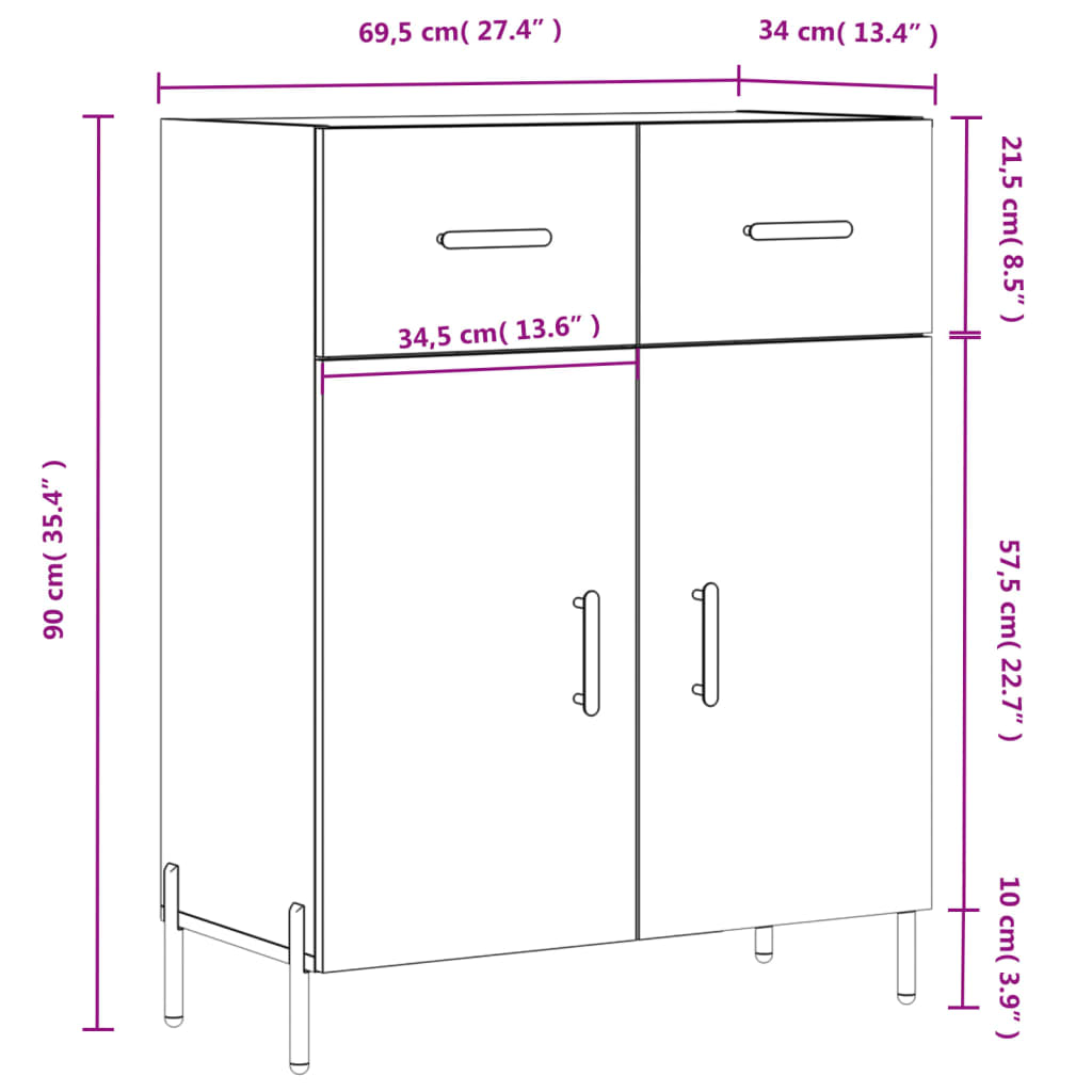 vidaXL skænk 69,5x34x90 cm konstrueret træ hvid højglans