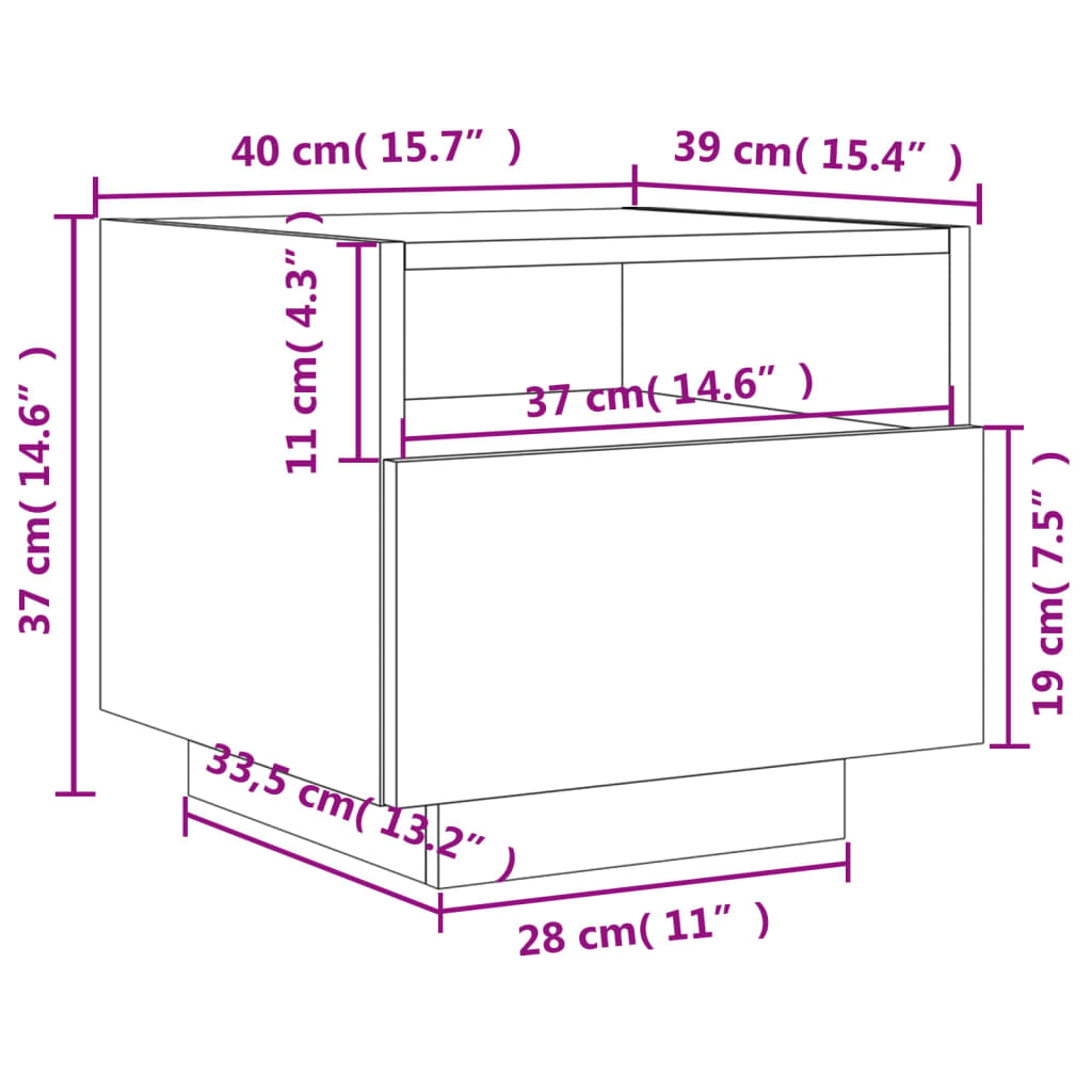 vidaxL sengebord med LED-lys 40x39x37 cm grå sonoma-eg