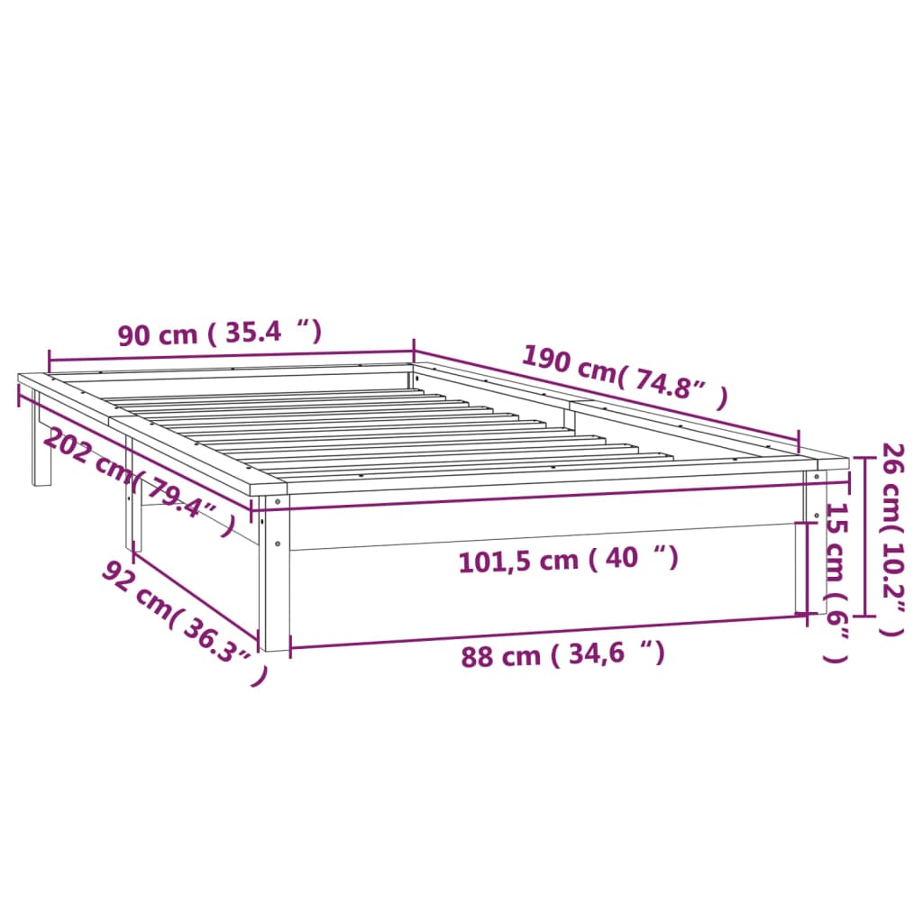 vidaXL sengeramme med LED-lys 90x190 cm Single massivt træ gyldenbrun