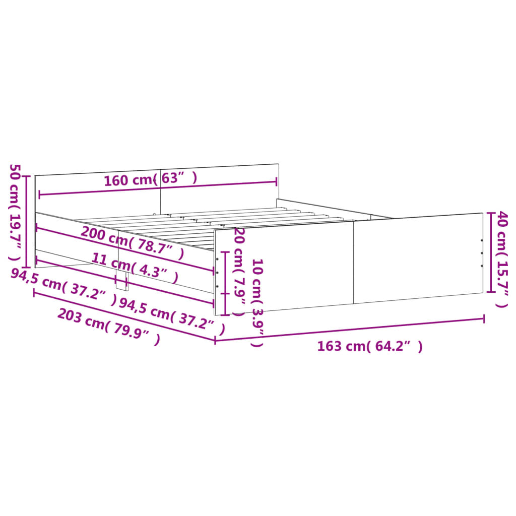 vidaXL sengeramme med sengegavl og fodgærde 160x200 cm grå sonoma-eg