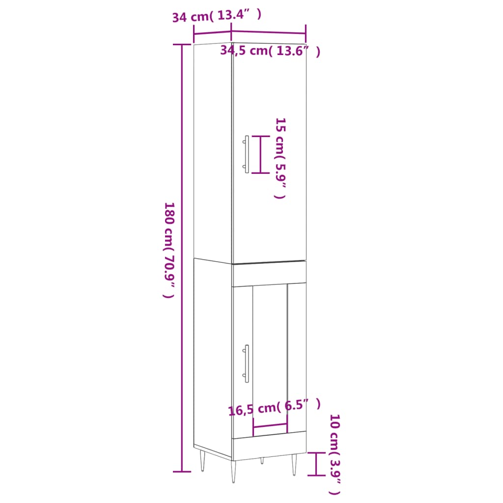 vidaXL skab 34,5x34x180 cm konstrueret træ hvid højglans