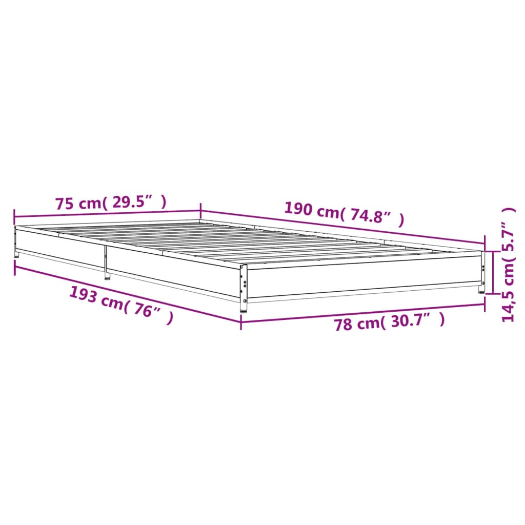 vidaXL sengeramme 75x190 cm konstrueret træ og metal grå sonoma-eg