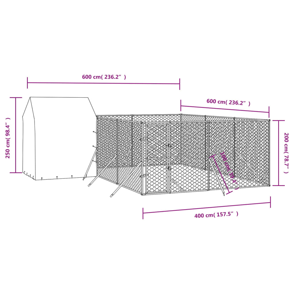 vidaXL udendørs hundegård med tag 6x6x2,5 m galvaniseret stål sølv