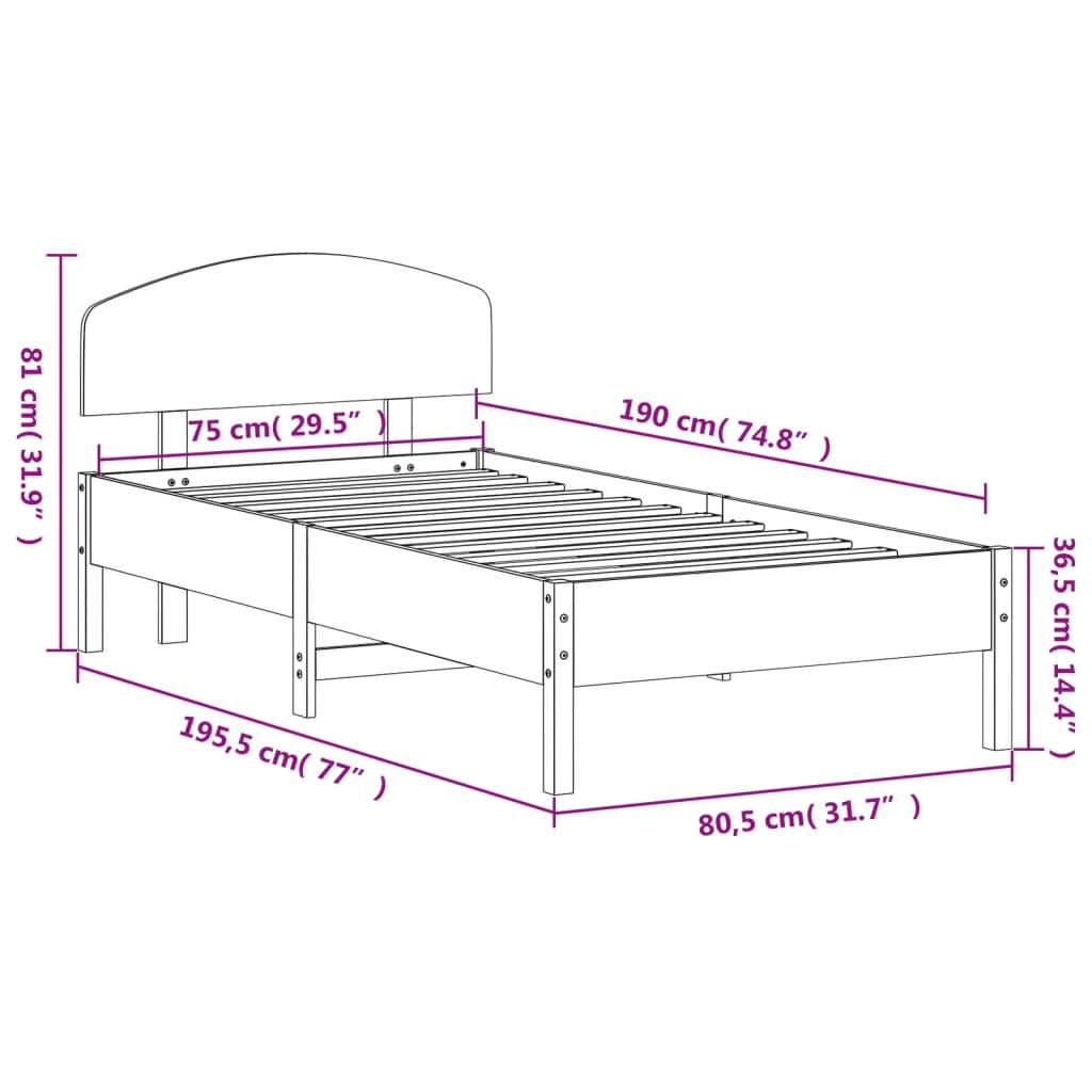 vidaXL sengeramme uden madras 75x190 cm massivt fyrretræ