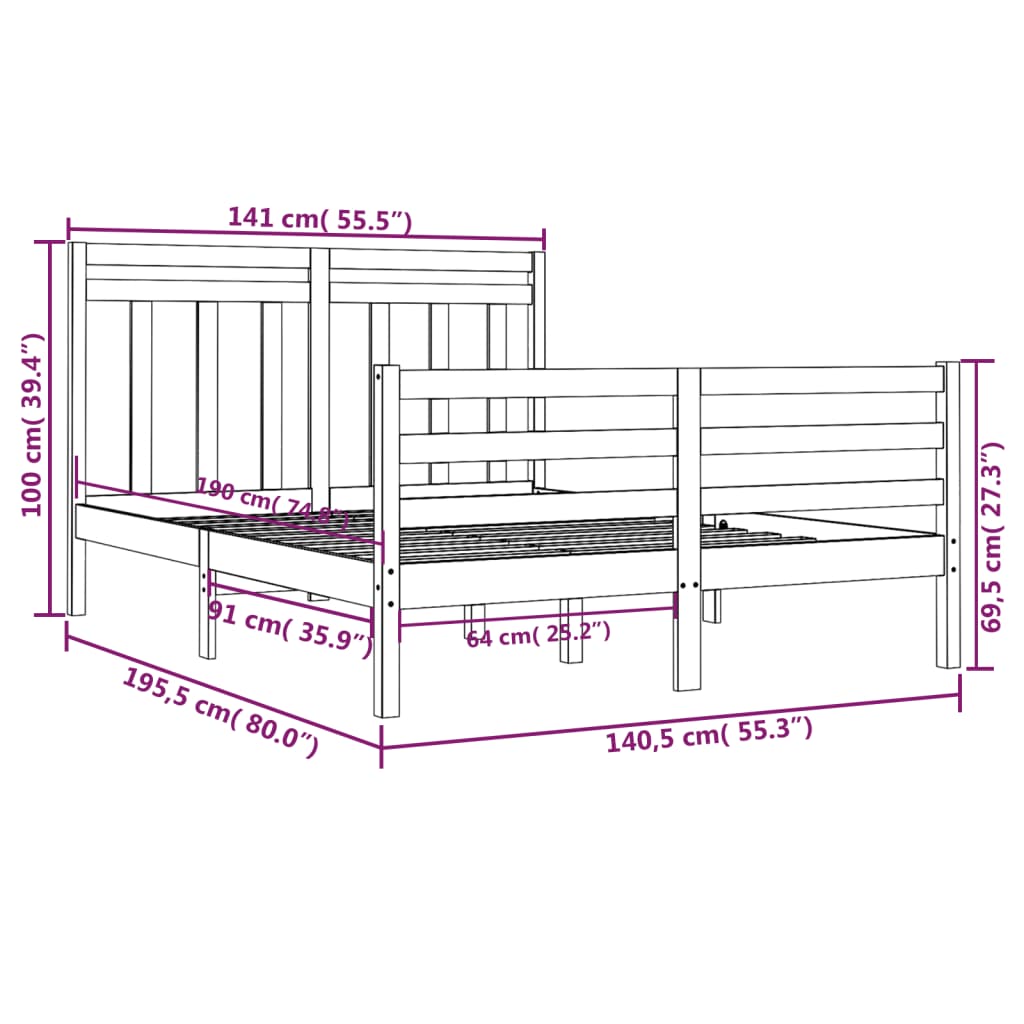 vidaXL sengeramme 135x190 cm Double massivt fyrretræ grå