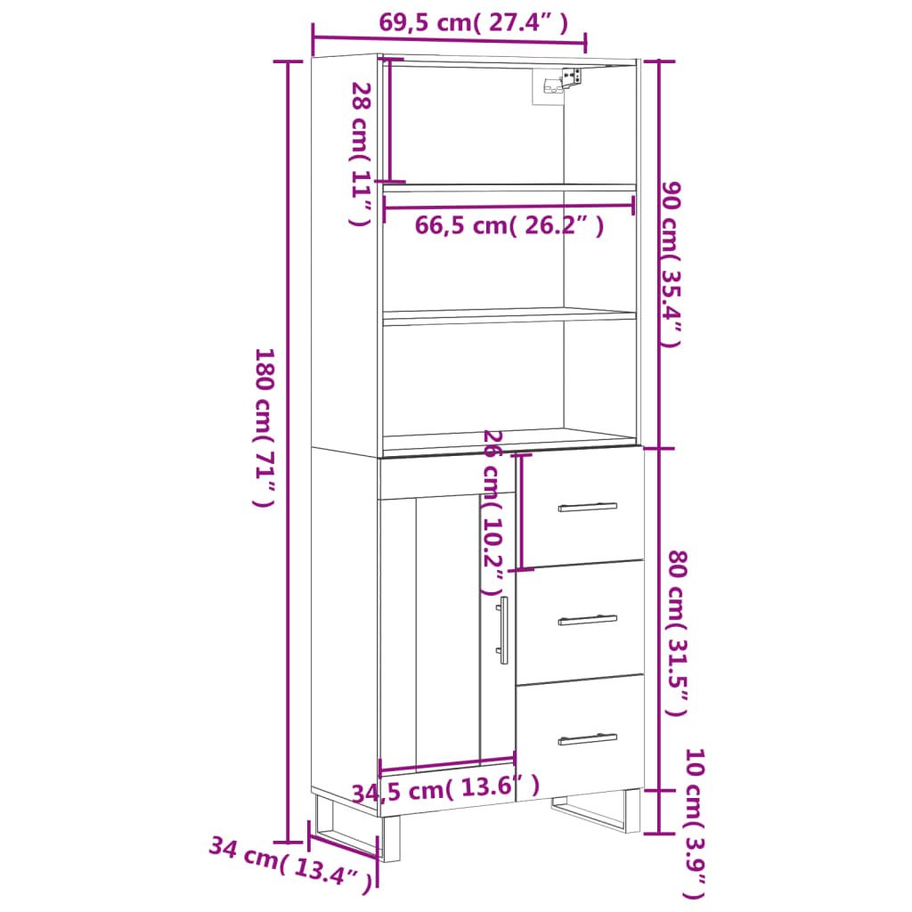 vidaXL højskab 69,5x34x180 cm konstrueret træ betongrå