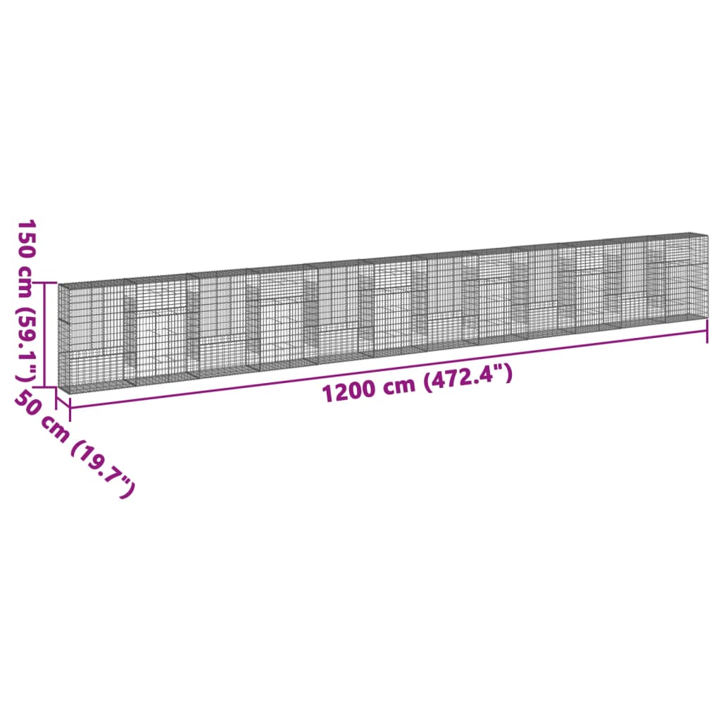 vidaXL gabionkurv med cover 1200x50x150 cm galvaniseret jern