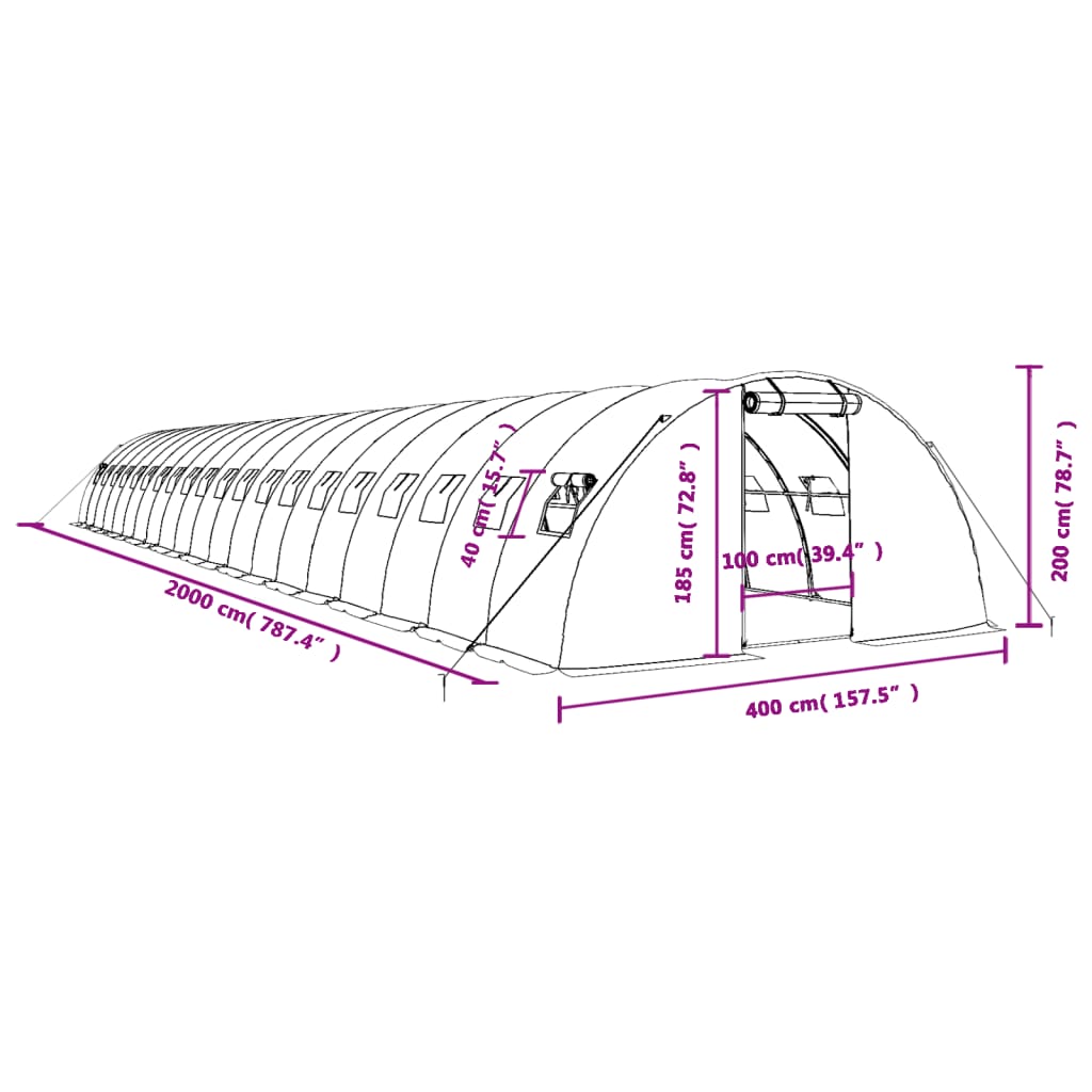 vidaXL drivhus med stålstel 80 m² 20x4x2 m grøn