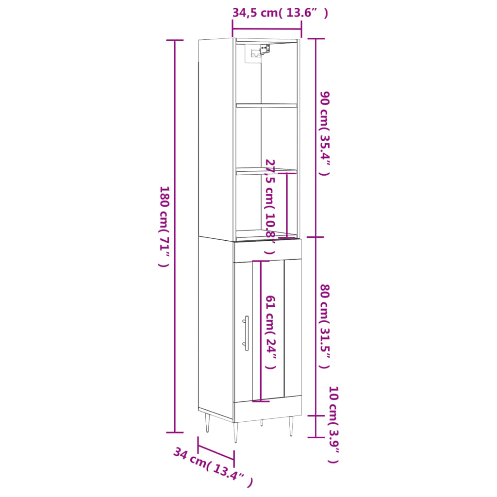 vidaXL skab 34,5x34x180 cm konstrueret træ hvid