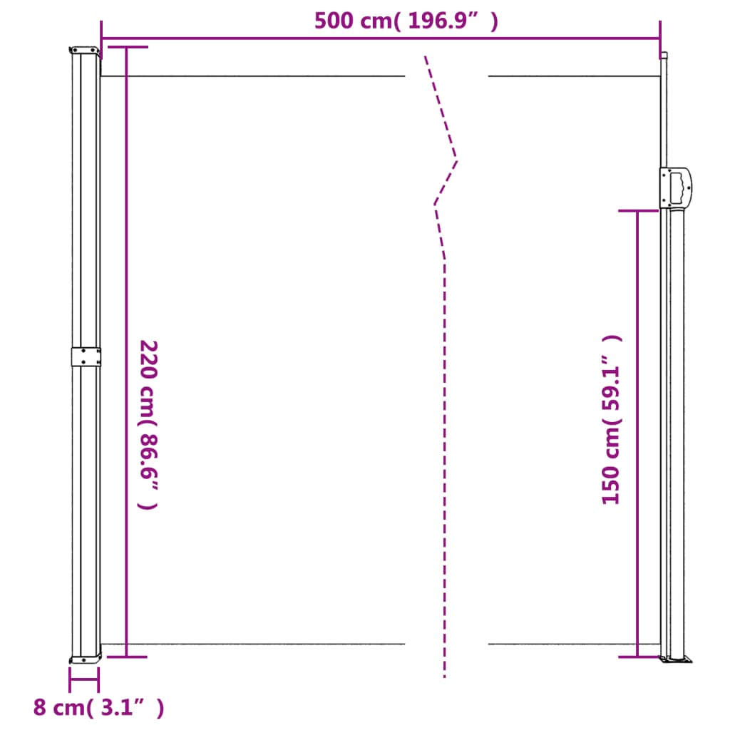 vidaXL sammenrullelig sidemarkise 220x500 cm beige