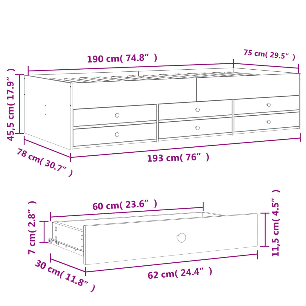 vidaXL daybed med skuffer uden madras 75x190 cm brunt eg