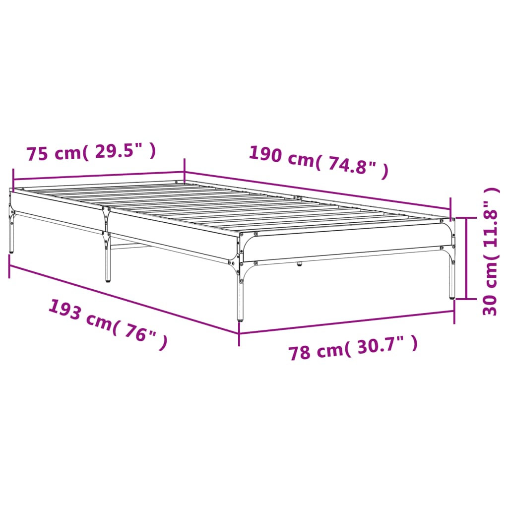 vidaXL sengeramme 75x190 cm konstrueret træ og metal røget eg