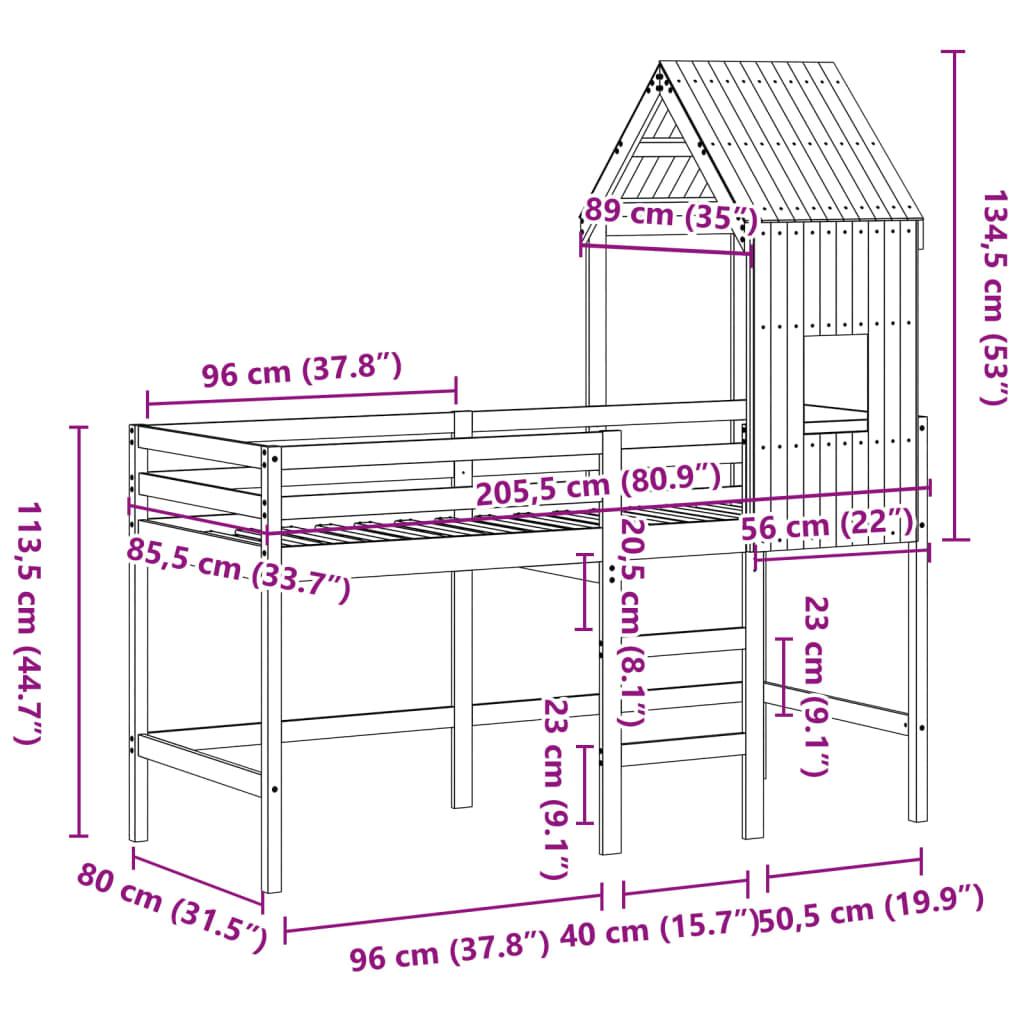 vidaXL højseng med stige og tag 80x200 cm massivt fyrretræ