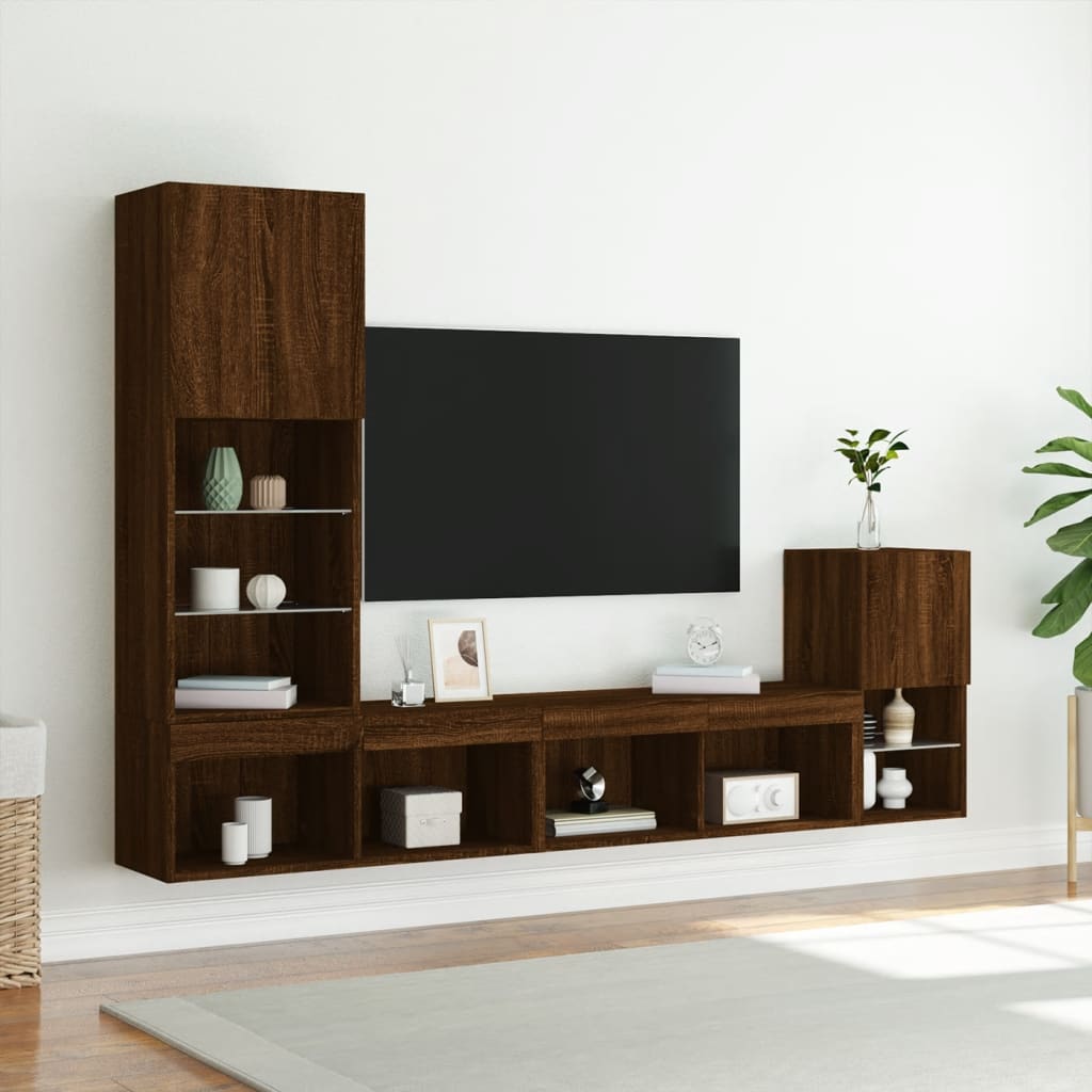 vidaXL tv-møbel til væg 4 dele med LED-lys konstrueret træ brunt eg