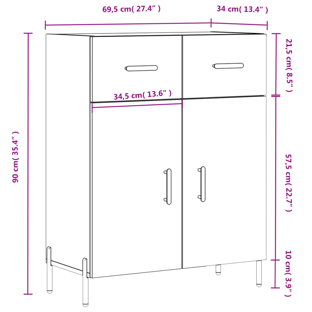 vidaXL skænk 69,5x34x90 cm konstrueret træ hvid