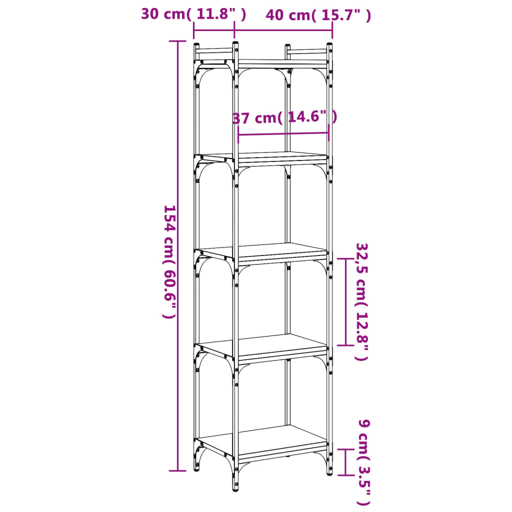 vidaXL bogreol 5 hylder 40x30x154 cm konstrueret træ brunt eg