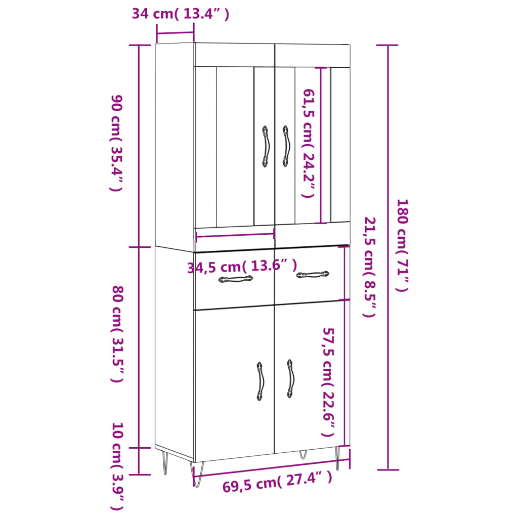 vidaXL højskab 69,5x34x180 cm konstrueret træ brun egetræsfarve