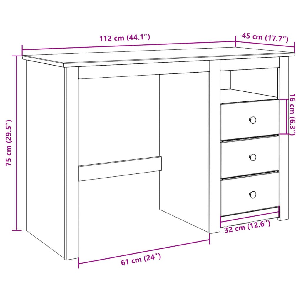 vidaXL skrivebord Panama 112x45x75 cm massivt fyrretræ