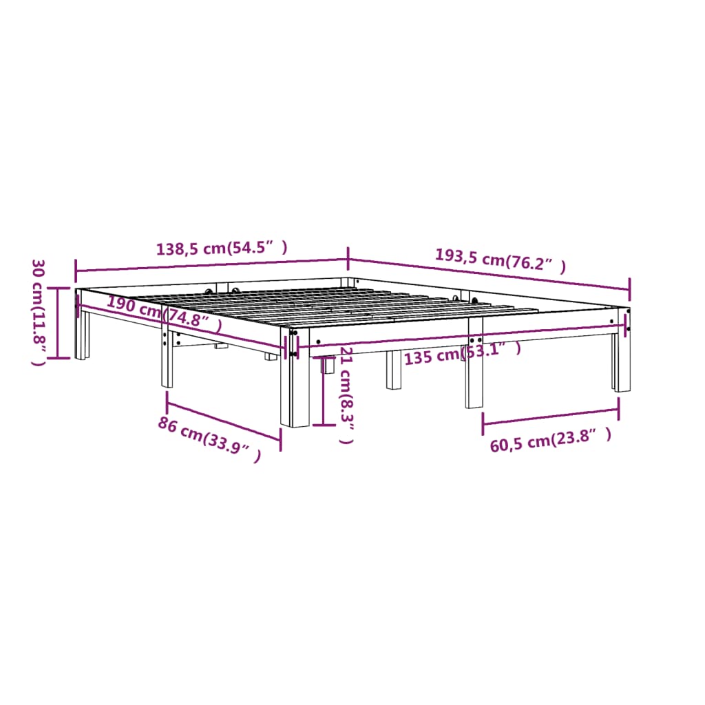 vidaXL sengeramme 135x190 cm Double massivt fyrretræ sort