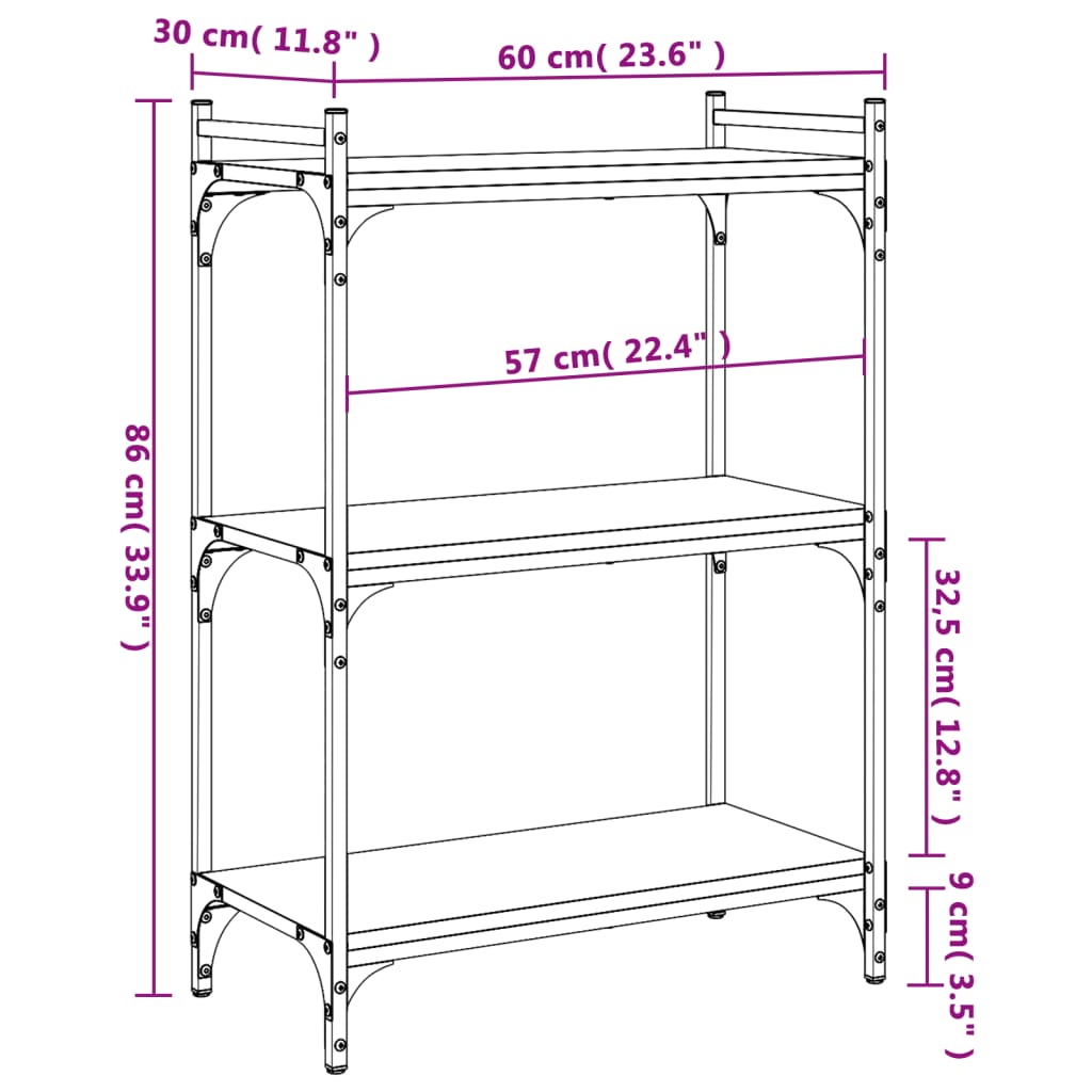 vidaXL bogreol med 3 hylder 60x30x86 cm konstrueret træ sort