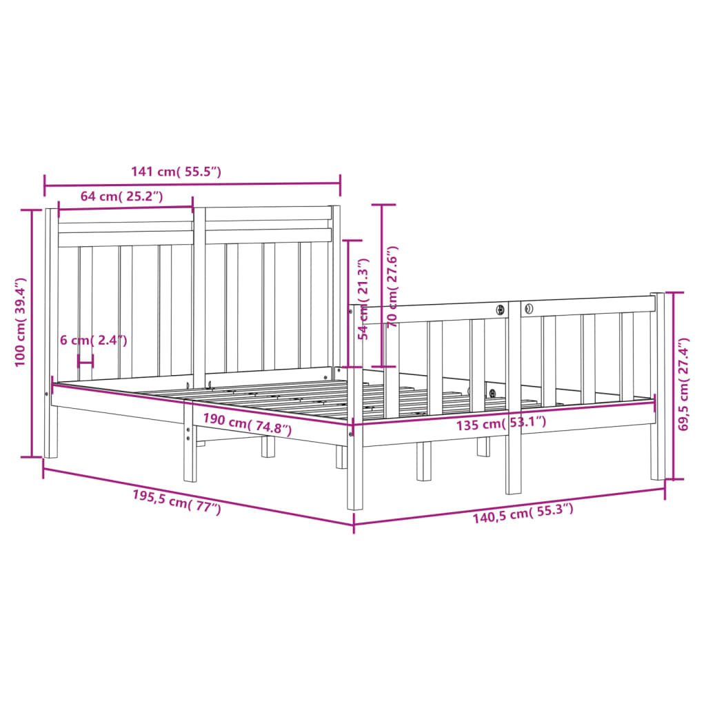 vidaXL sengeramme 135x190 cm Double massivt fyrretræ sort