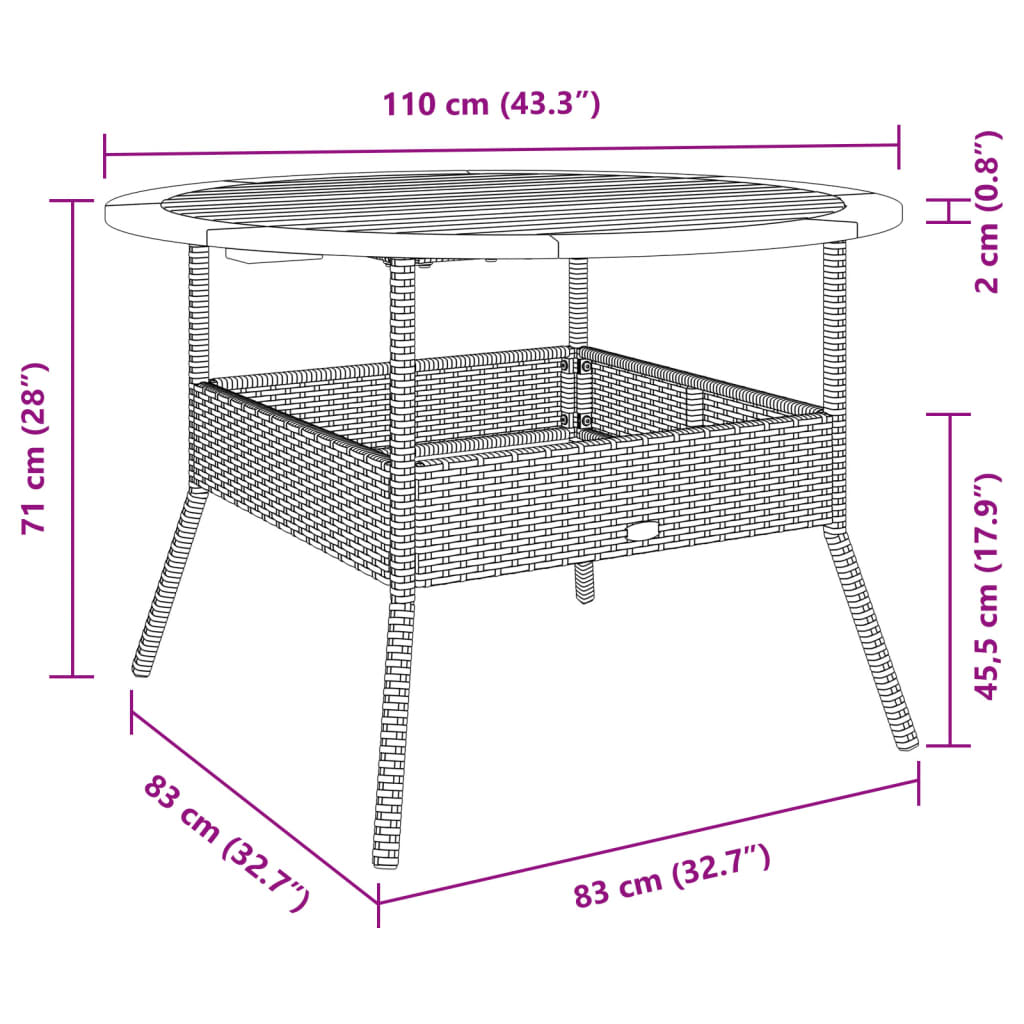 vidaXL havebord med akacietop Ø110x71 cm polyrattan beige