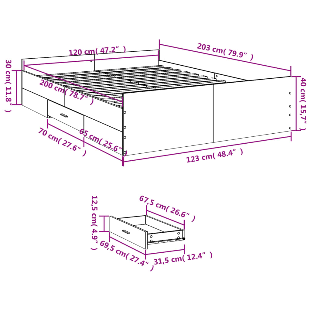 vidaXL sengeramme med skuffer 120x200 cm konstrueret træ sonoma-eg