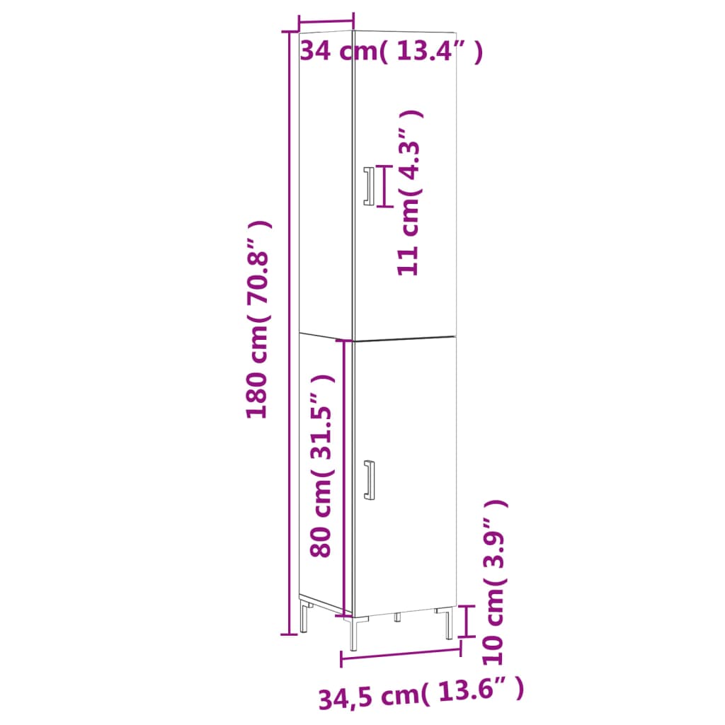 vidaXL højskab 34,5x34x180 cm konstrueret træ grå sonoma-eg