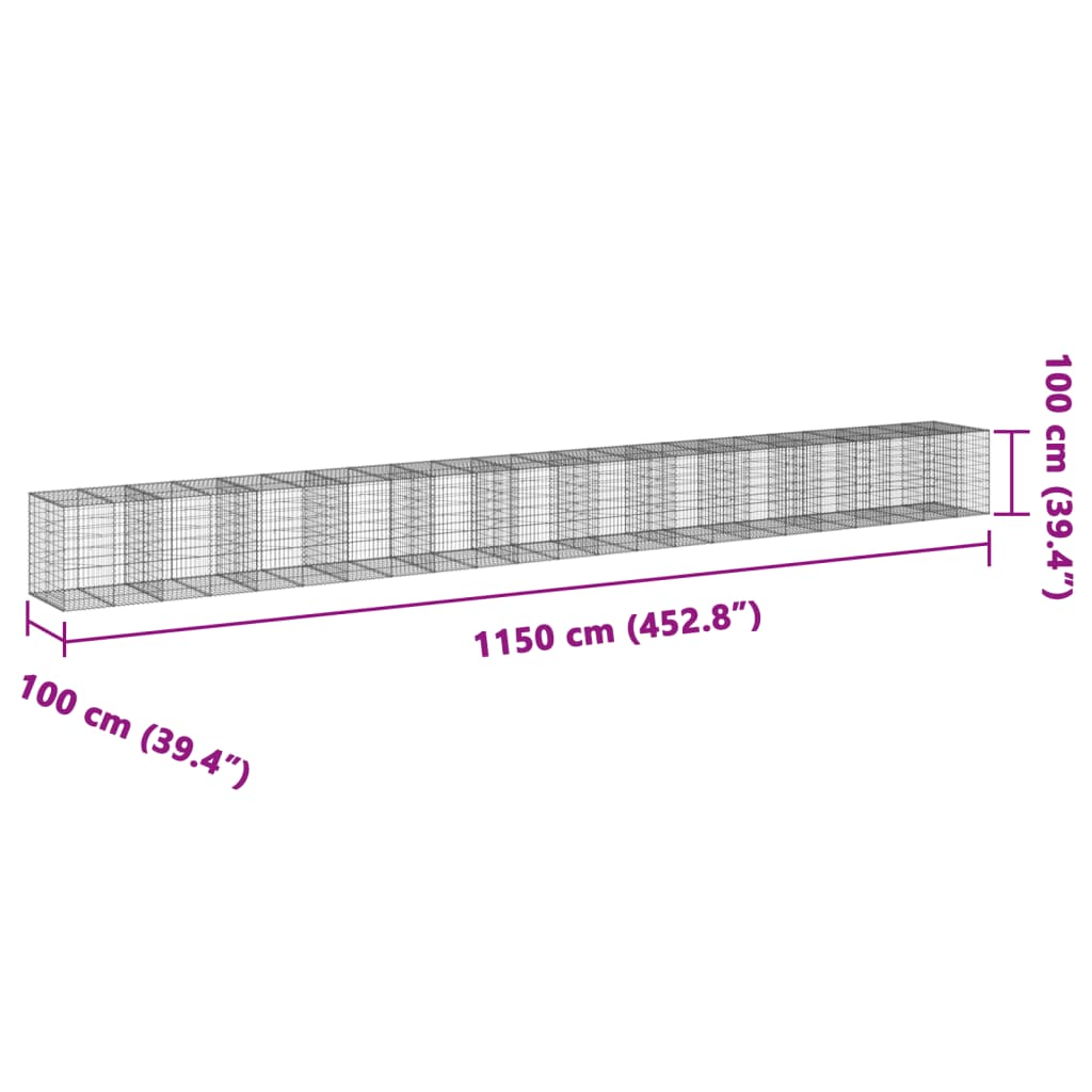 vidaXL gabionkurv med cover 1150x100x100 cm galvaniseret jern