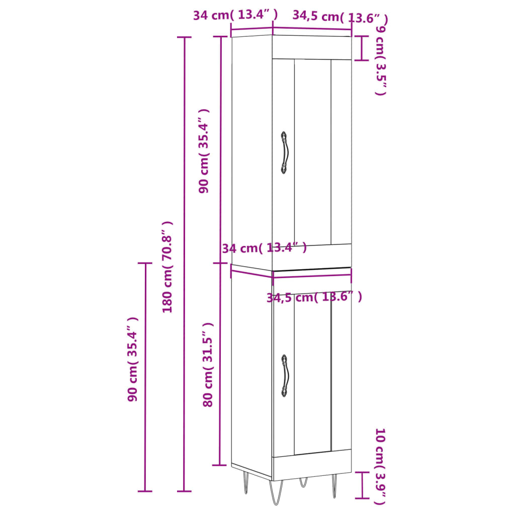 vidaXL skab 34,5x34x180 cm konstrueret træ betongrå