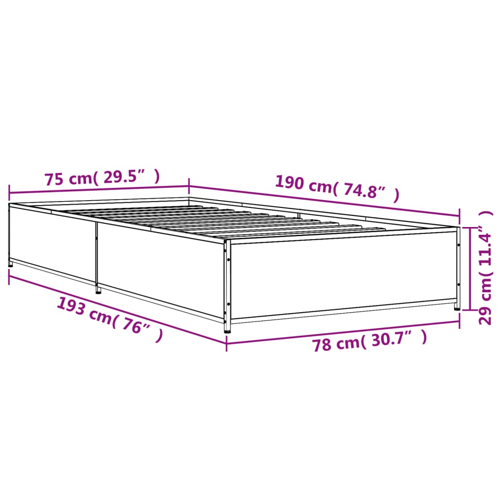 vidaXL sengeramme 75x190 cm konstrueret træ og metal sonoma-eg