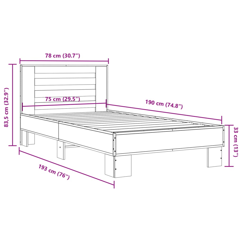 vidaXL sengeramme 75x190 cm konstrueret træ og metal grå sonoma-eg