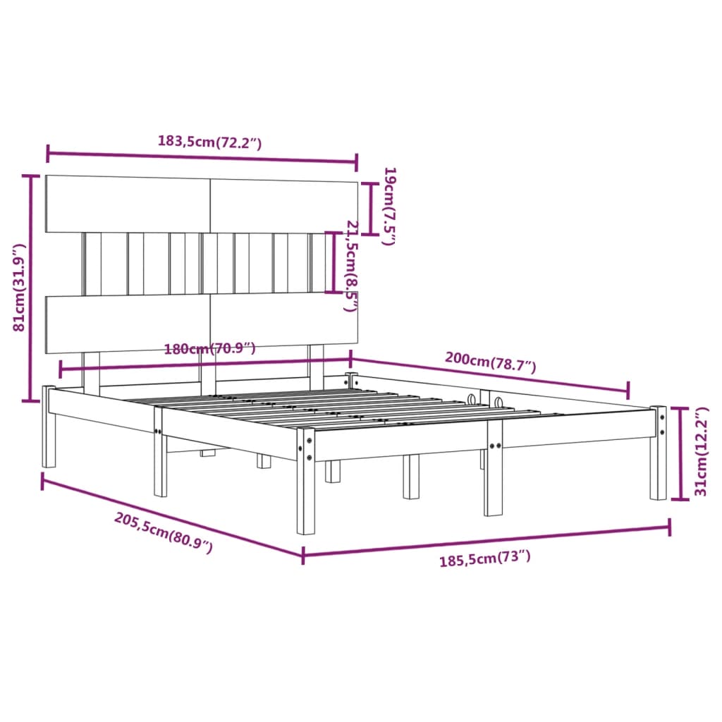 vidaXL sengestel 180x200 cm Super King massivt fyrretræ sort