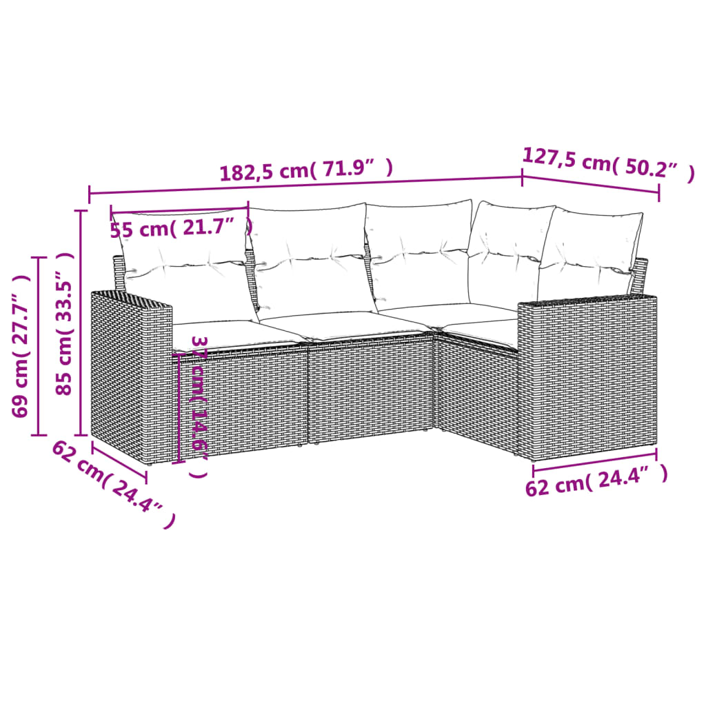 vidaXL sofasæt til haven 4 dele med hynder polyrattan sort