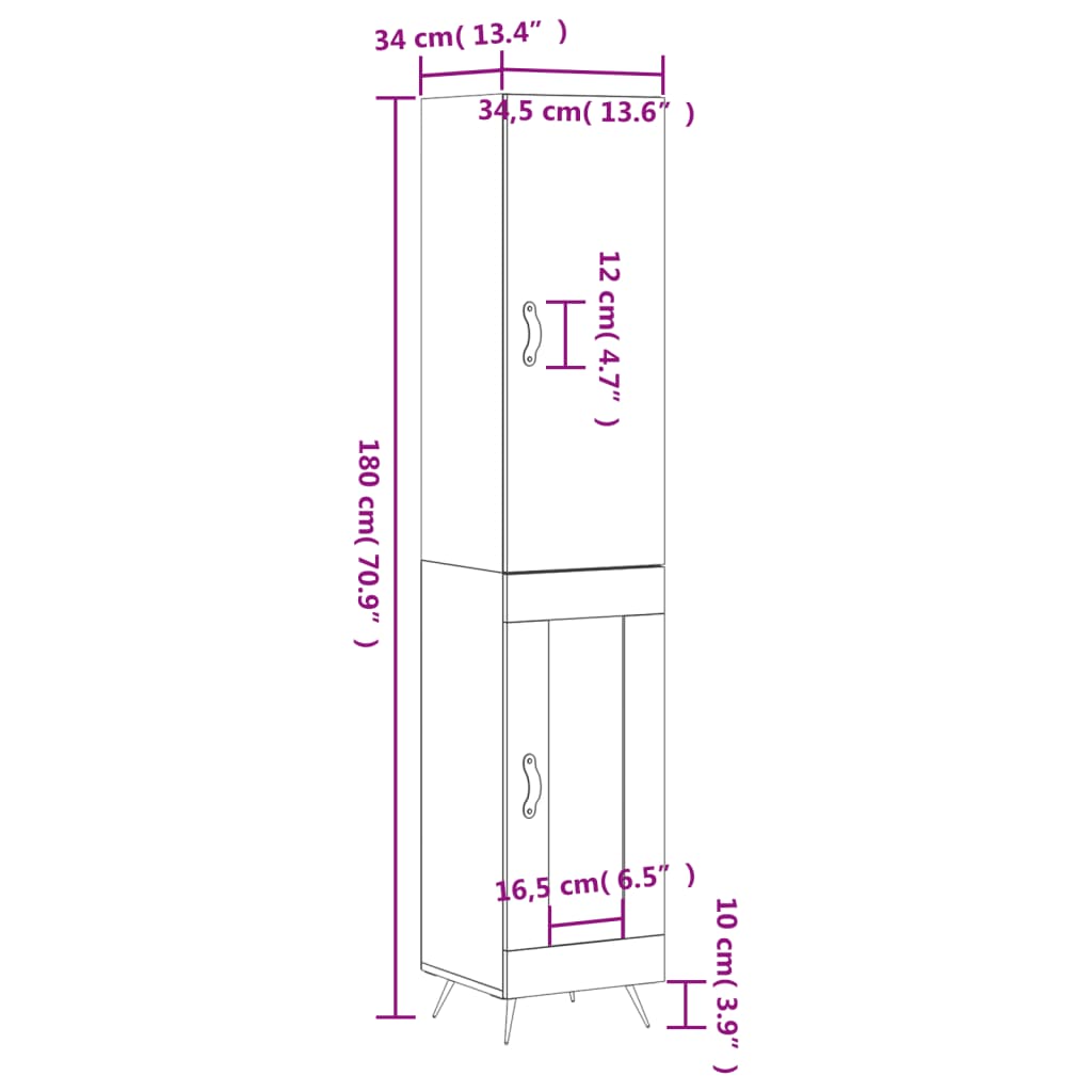 vidaXL skab 34,5x34x180 cm konstrueret træ hvid højglans