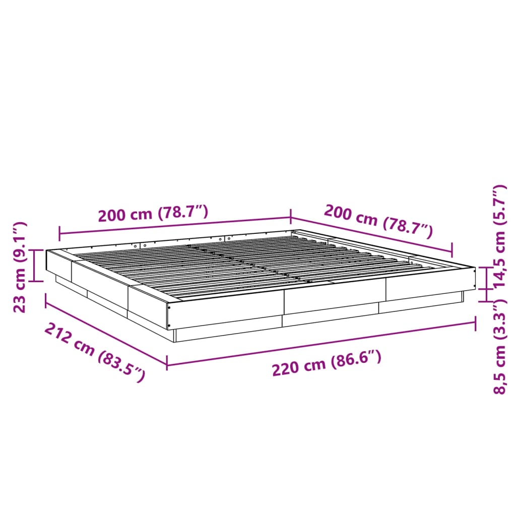 vidaXL sengeramme med LED-lys 200x200 cm konstrueret træ betongrå