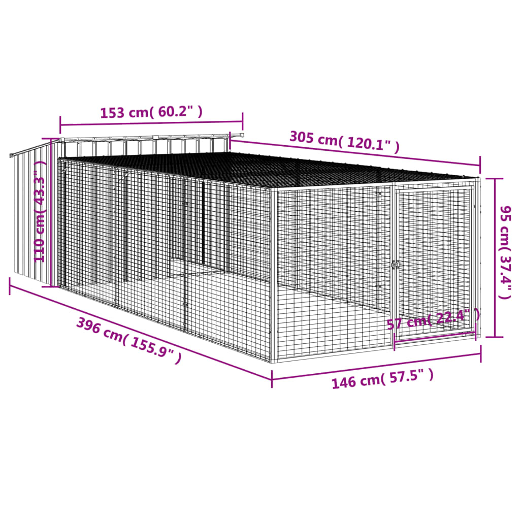 vidaXL hundehus m. løbegård 153x396x110 cm galvaniseret stål antracit