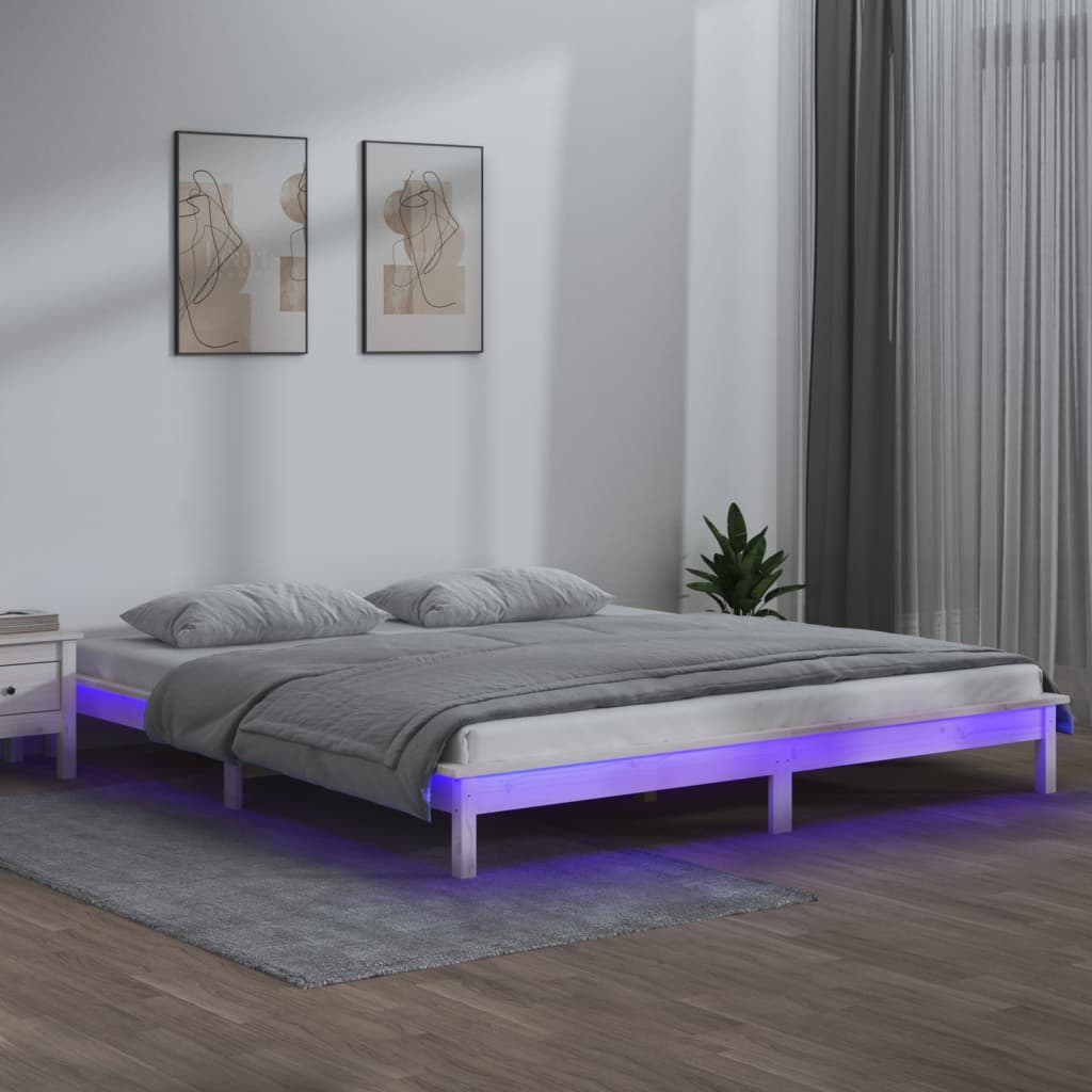 vidaXL sengeramme med LED-lys 135x190 cm dobbelt massivt træ hvid