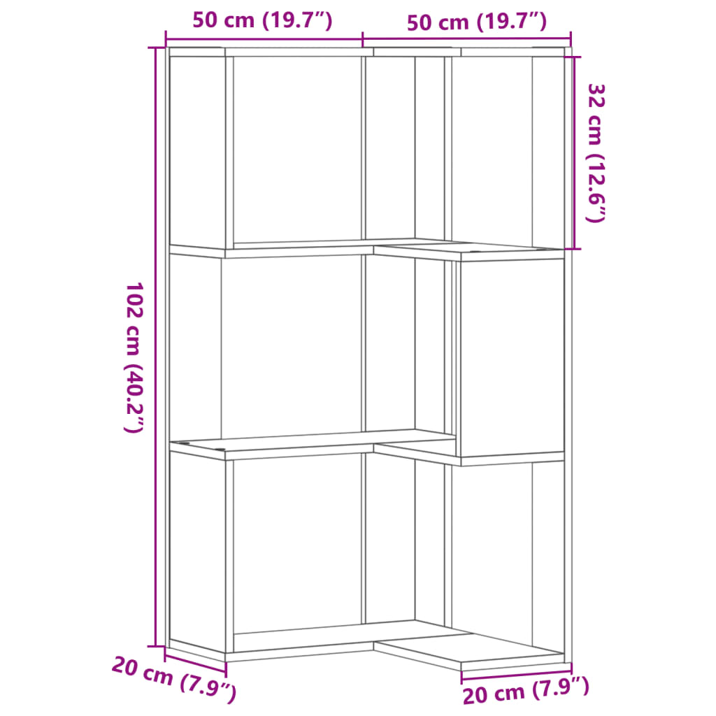 vidaXL bogreol til hjørne 50x50x102 cm 3 hylder konstrueret træ