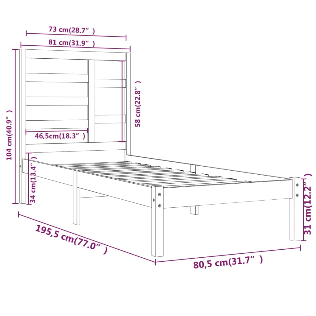 vidaXL sengeramme 75x190 cm Small Single massivt træ hvid