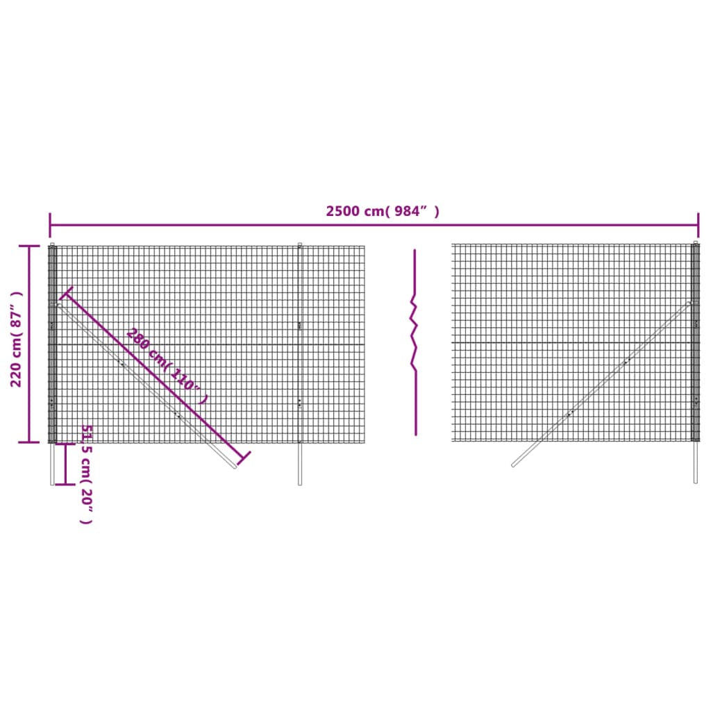 vidaXL trådhegn 2,2x25 m galvaniseret stål antracitgrå