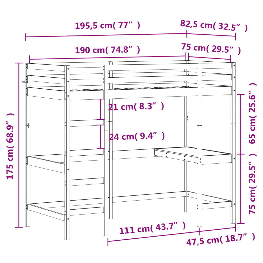 vidaXL højseng med skrivebord 75x190 cm massivt fyrretræ