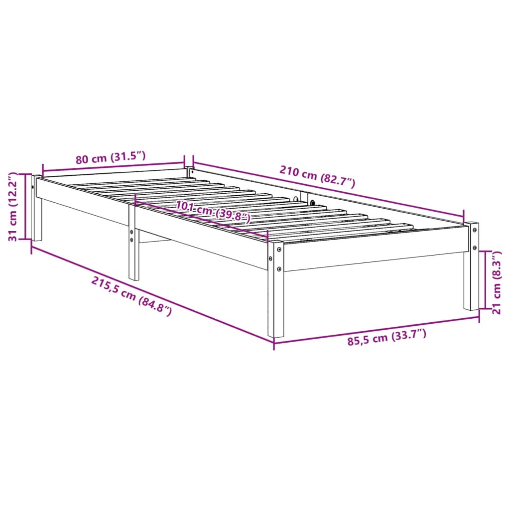 vidaXL ekstra lang sengeramme uden madras 80x210 cm massivt fyrretræ