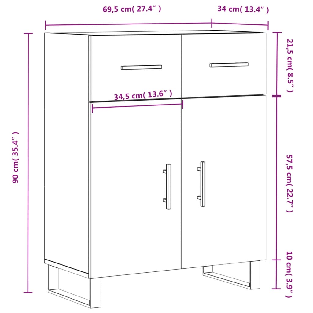 vidaXL skænk 69,5x34x90 cm konstrueret træ brun egetræsfarve