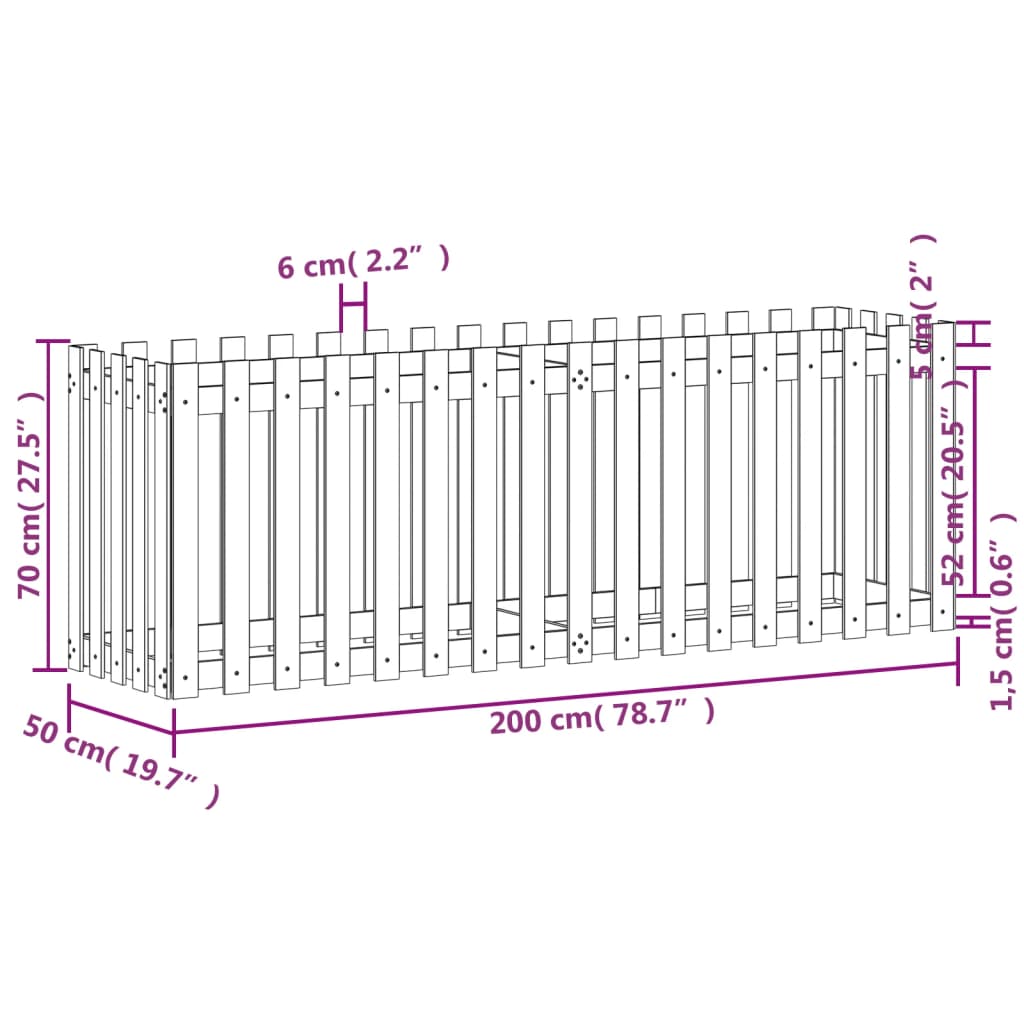 vidaXL højbed med stakitdesign 200x50x70 cm massivt fyrretræ sort