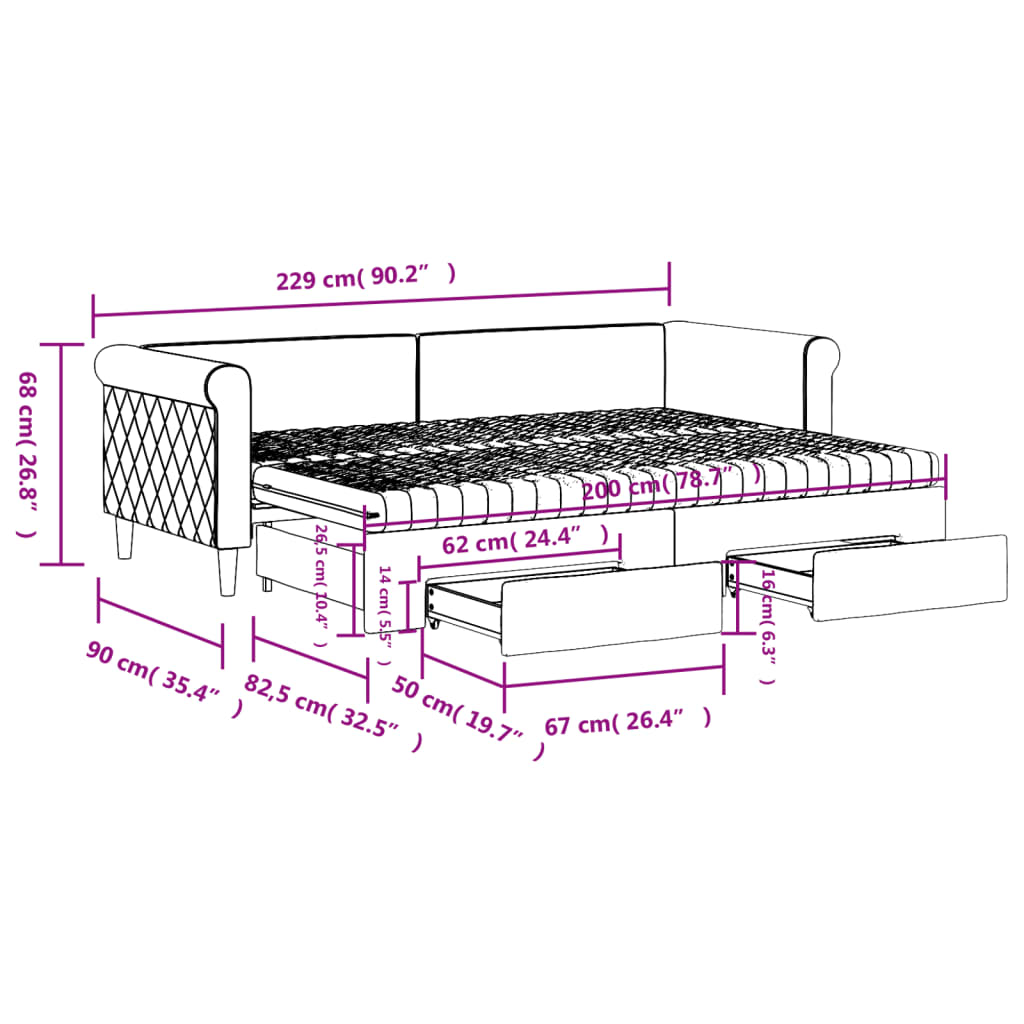 vidaXL daybed med udtræk og skuffer 80x200 cm velour sort