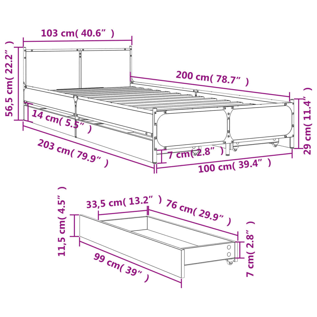 vidaXL sengeramme med skuffer 100x200 cm konstrueret træ brunt egetræ