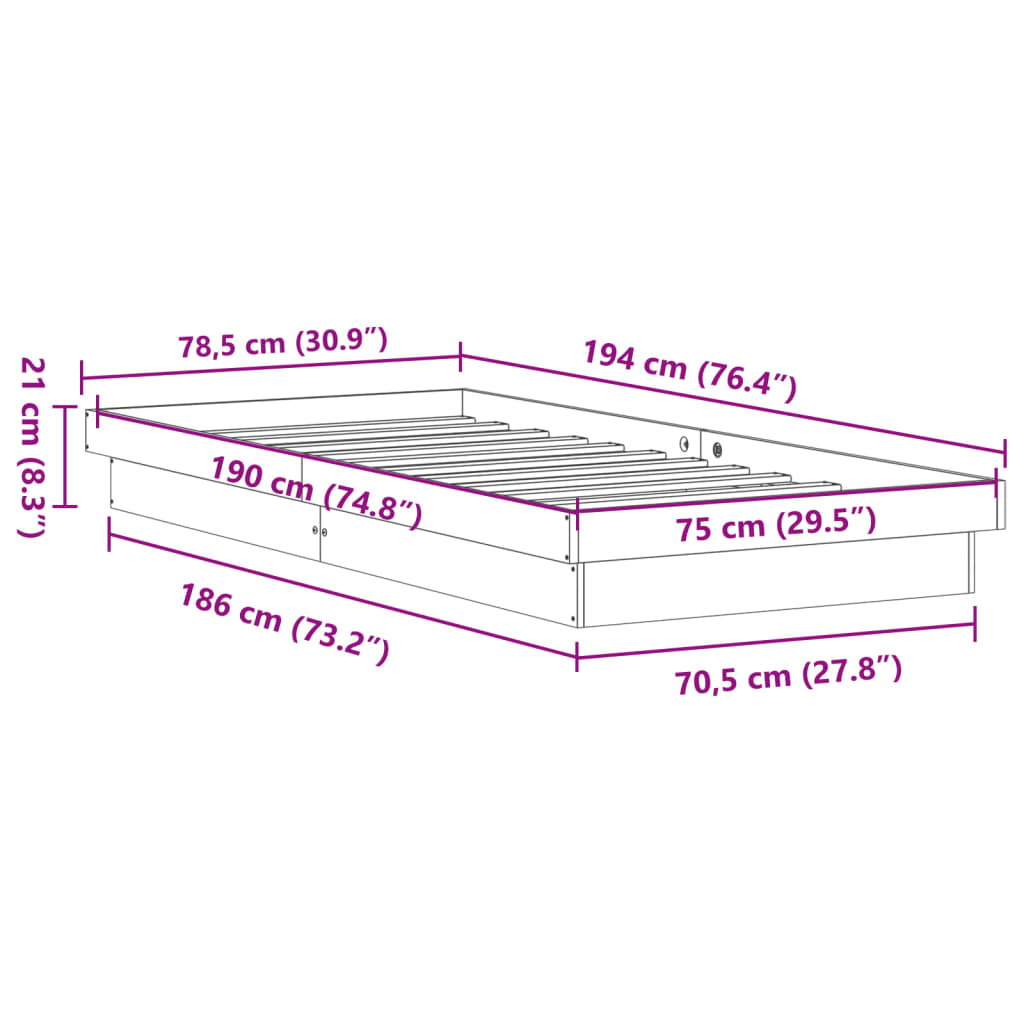 vidaXL LED sengeramme 75x190 cm massivt fyrretræ gyldenbrun