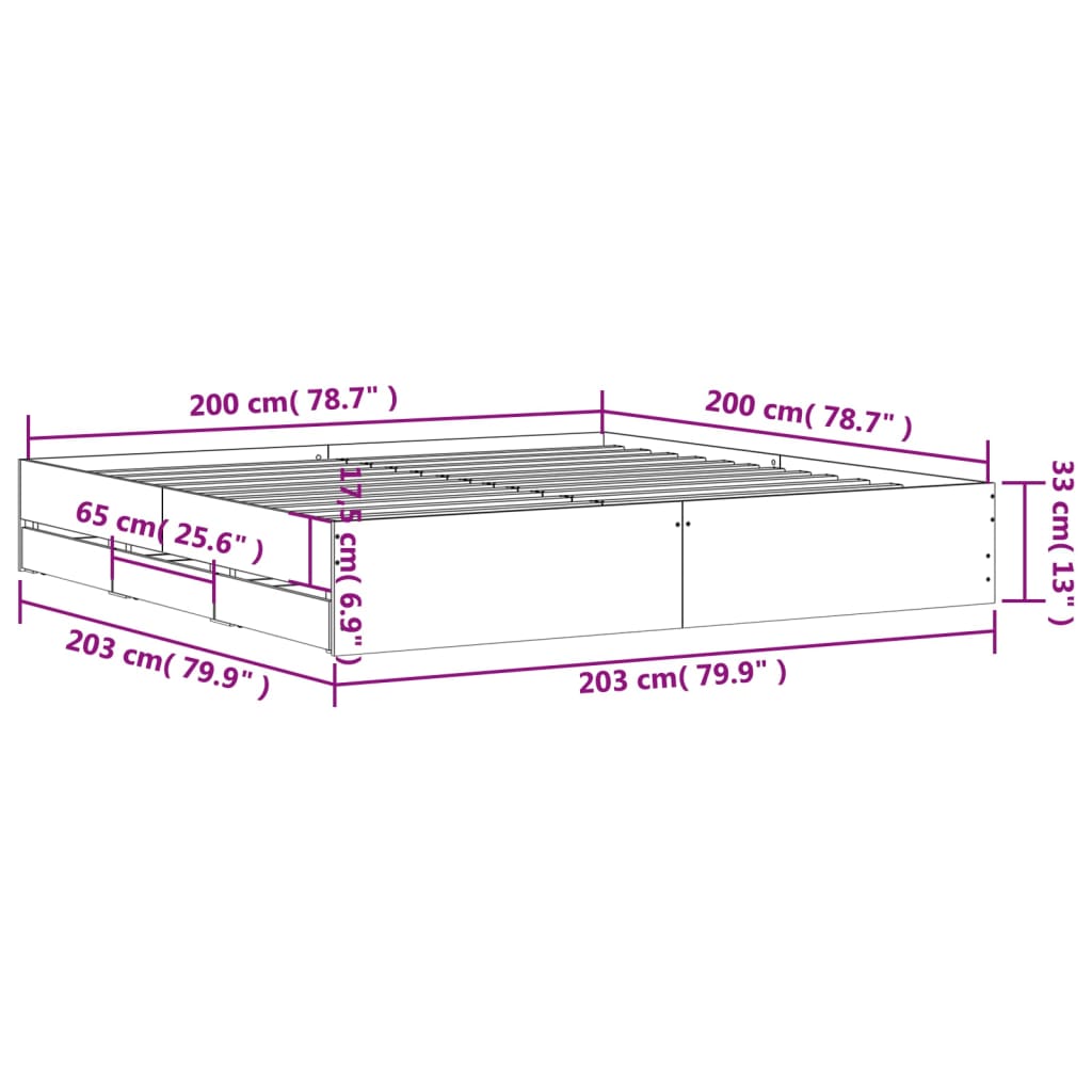 vidaXL sengeramme med skuffer 200x200 cm konstrueret træ grå sonoma-eg